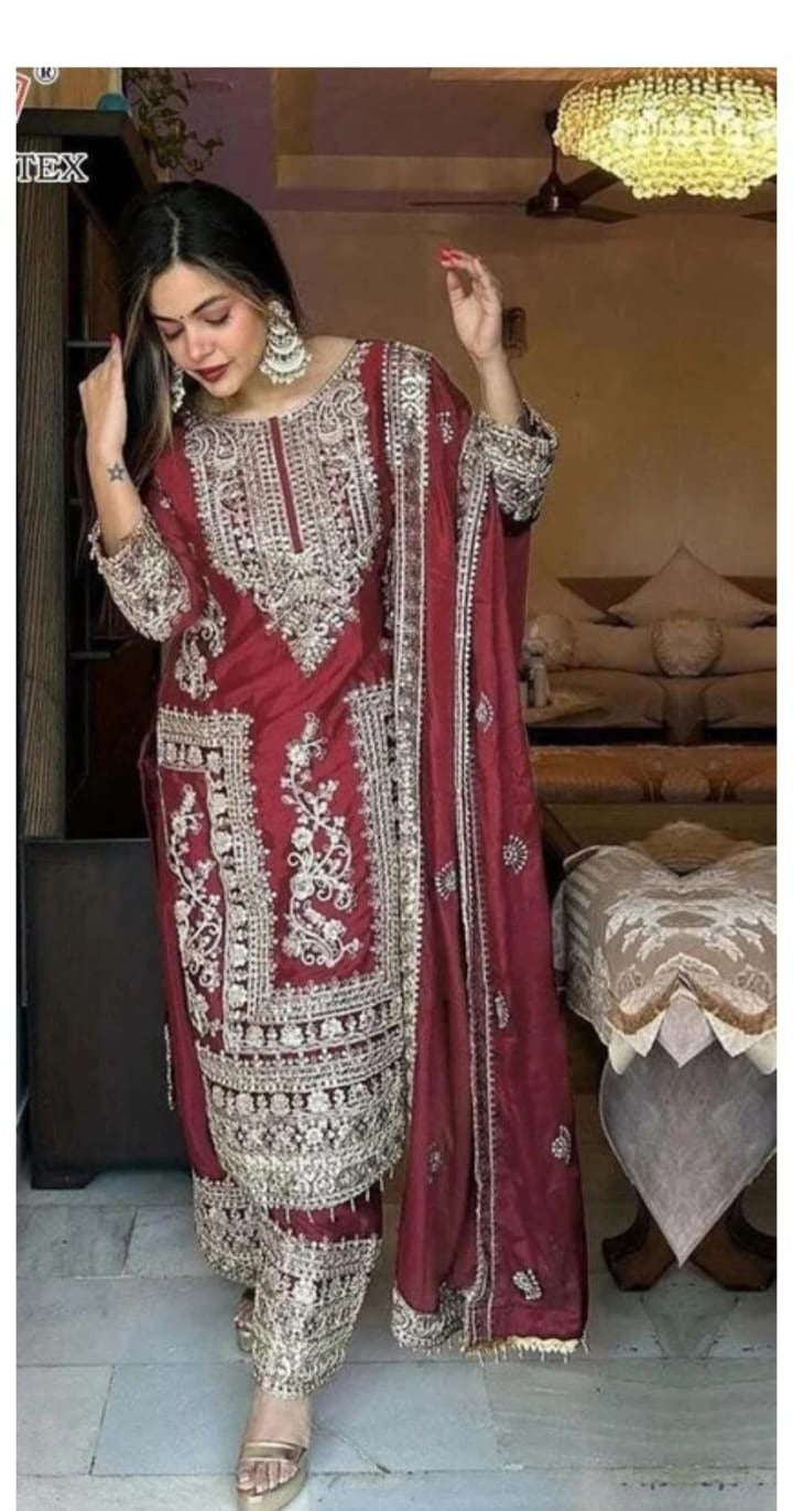 Wine Embroidered Kurta Set