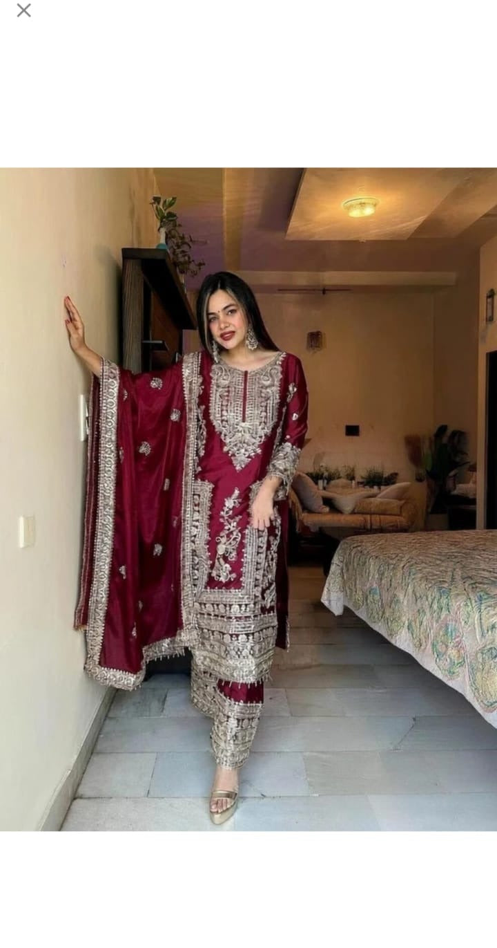 Wine Embroidered Kurta Set
